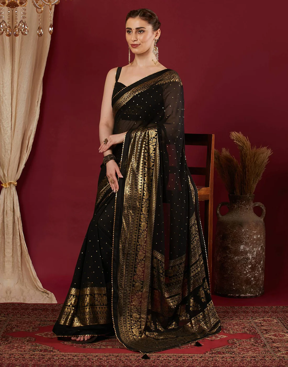 Black Georgette Foil Printed Saree - Image 2