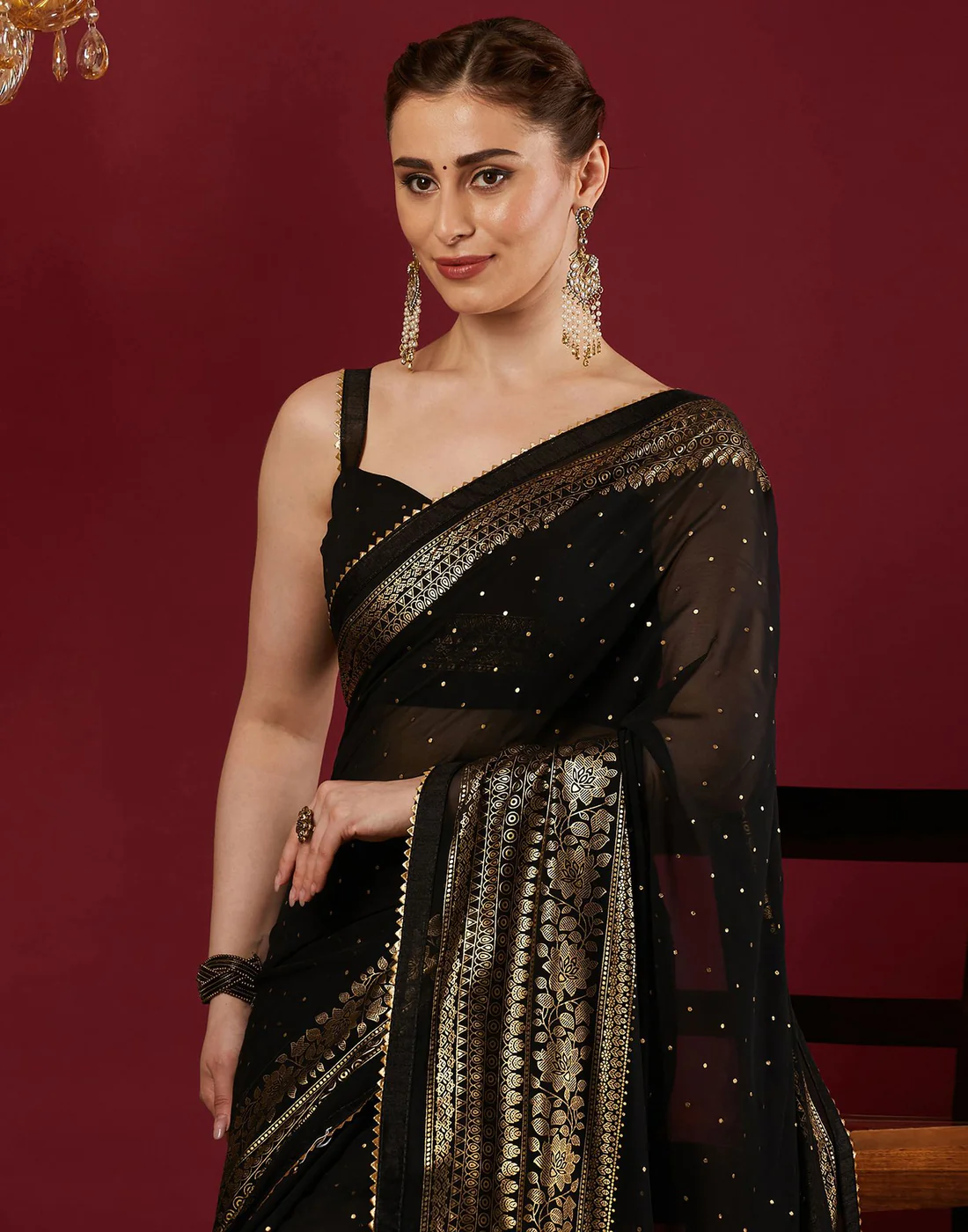 Black Georgette Foil Printed Saree - Image 3